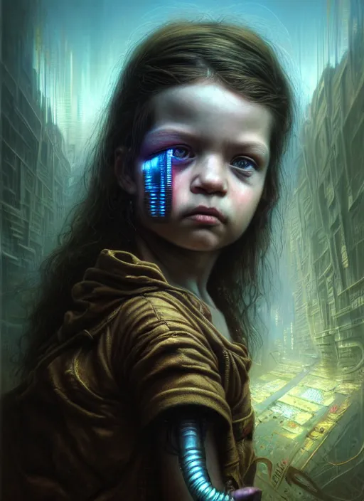 Image similar to closeup portrait shot of a cyberpunk child in a scenic dystopian environment, intricate, elegant, highly detailed, centered, digital painting, artstation, concept art, smooth, sharp focus, illustration, artgerm, tomasz alen kopera, peter mohrbacher, donato giancola, joseph christian leyendecker, wlop, boris vallejo