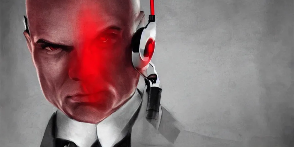 Image similar to a portrait of agent 4 7 from hitman wearing large headphones while pointing a silenced silver handgun, dark background, red rim light, smooth, sharp focus, art by irina french