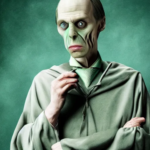 Prompt: 'Steve Buscemi as Lord Voldemort, Harry Potter movie style, cold and dark green vibes'