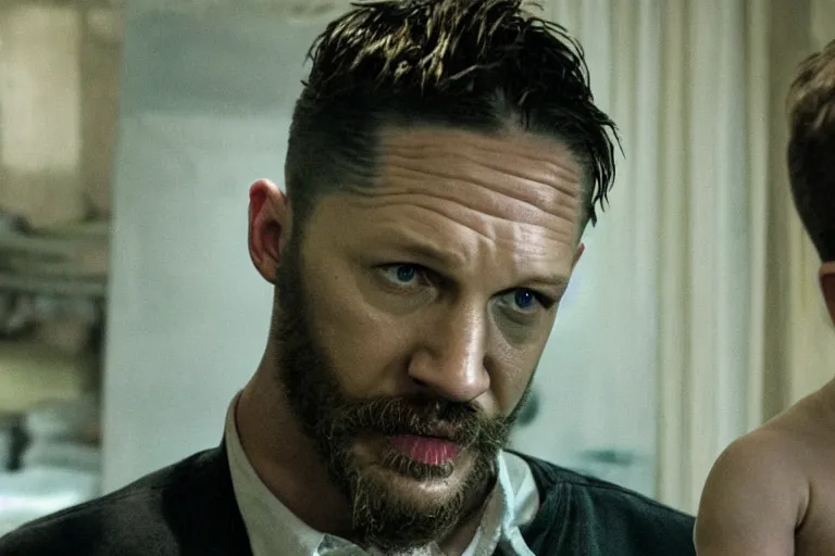 Prompt: film still of Tom Hardy as Max Payne in a dark dream next to a baby crib in the Max Payne movie, 4k