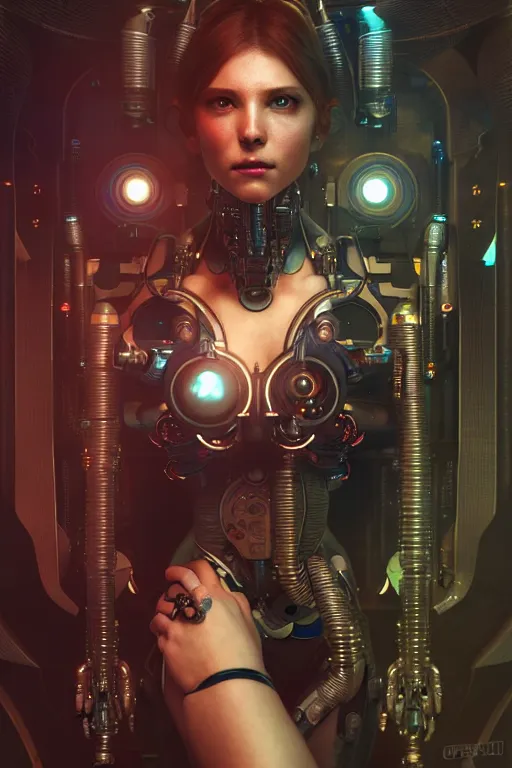 Image similar to ultra realistic, beautiful female cyborg in a crowded smoky cyberpunk club in space megalopolis, sci-fi, intricate details, eerie, highly detailed, octane render, 8k, art by artgerm and alphonse mucha and greg rutkowski