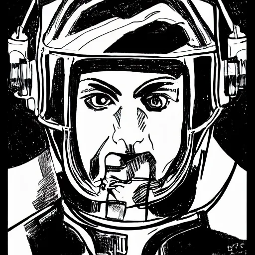 Prompt: a sci-fi pilot ink drawing, in the style of Roman sustov.