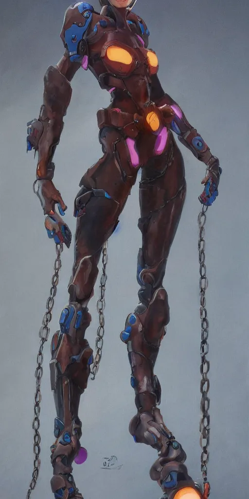 Image similar to full figure, painting of tracer from overwatch, in style of zdzisław beksinski, horror, 4 k, feminine facial features, full armor, full armor, detailed face, tall, dark ropes and chains in background