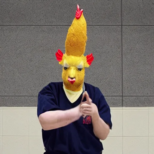 Image similar to inmate wearing chicken head