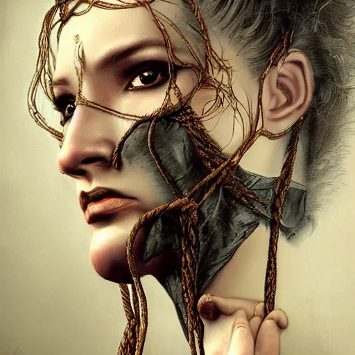 Image similar to portrait of a Shibari rope wrapped face and neck, headshot, insanely nice professional hair style, dramatic hair color, digital painting, of a old 13th century, traveler, amber jewels, baroque, ornate clothing, scifi, realistic, hyperdetailed, chiaroscuro, concept art, art by Franz Hals and Jon Foster and Ayami Kojima and Amano and Karol Bak,