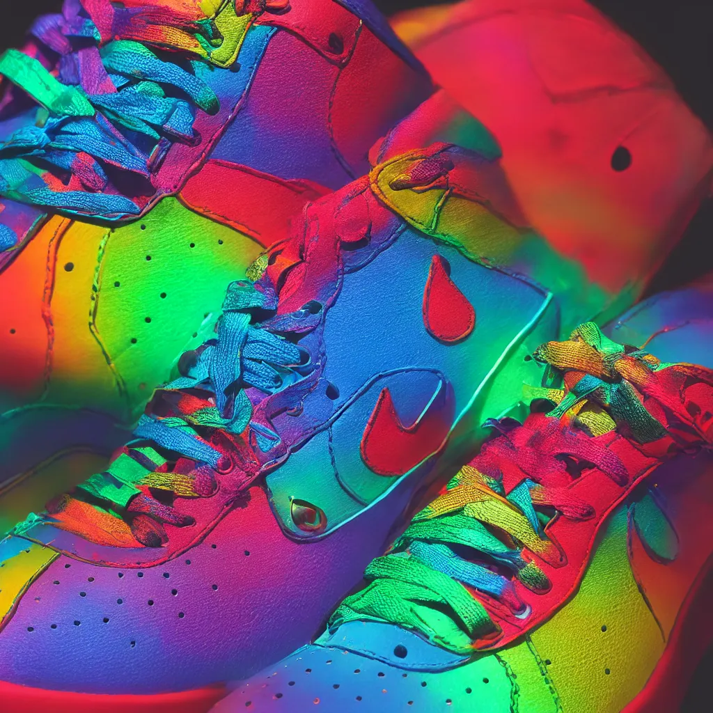 Image similar to photography of a realistic rainbow color air force sneaker, ultra detailed, 8 k, black background