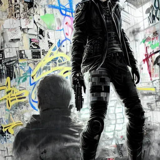 Prompt: highly detailed portrait of a moody cyberpunk Christopher Walken in full tactical gear, by Dustin Nguyen, Akihiko Yoshida, Greg Tocchini, Greg Rutkowski, Cliff Chiang, 4k resolution, nier inspired, graffiti inspired, resident evil inspired, vibrant but dreary but upflifting silver, opal, gold, black and white color scheme!!! ((Graffiti tag brick wall background))