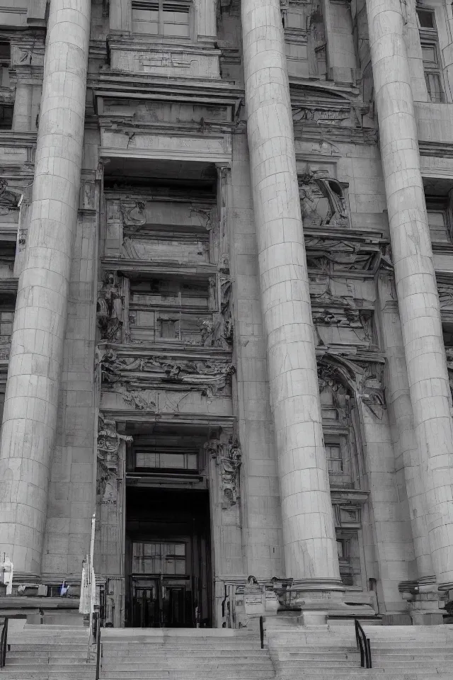 Prompt: a black and white photograph of an enormous building, official courthouse, statues looking down on the gigantic door brutalist architecture, long shot,