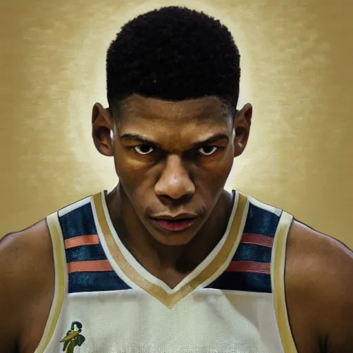 Prompt: giannis antetokounmpo, 3 d character art, wearing basketball jersey, symmetrical facial features, from arknights, hyper realistic, 4 k, rule of thirds, extreme detail, detailed drawing, trending artstation, realistic lighting, by alphonse mucha, greg rutkowski, short neck