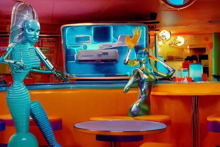 Image similar to robot mermaid sitting in a googie diner made of porcelain, from 1986, bathed in the glow of a crt television, tv screens in background, low-light photograph, in style of terry richardson