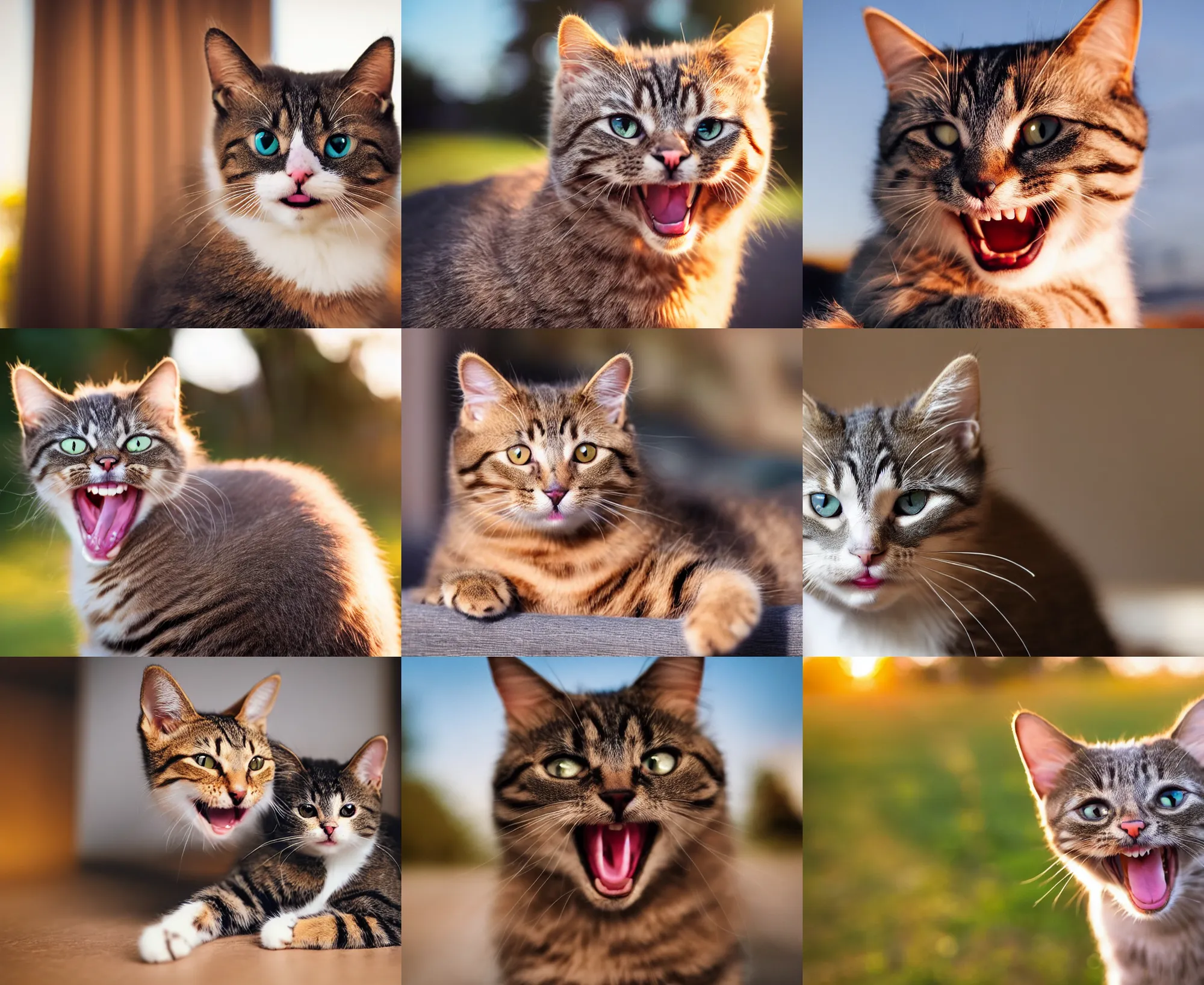 Prompt: cute cat with human teeth smiling, golden hour