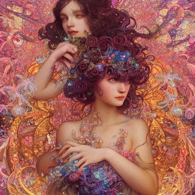 Prompt: a stunning rendition of delicate female figure made of fractal gems, fractal crystals, very intricate, hyper realistic, octane render, very colorful, vibrant, cinematic, amazing details, by james jean, by brian froud, by ross tran, by alphonse mucha