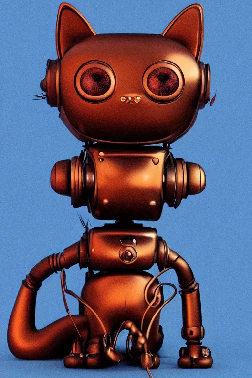 Image similar to a cute cat robot, painted by wally wood and matt jefferies, trending on artstation, steam punk, bright macro view pixar, award - winning, blueprint, big eyes, copper wire whiskers, chillwave, realism