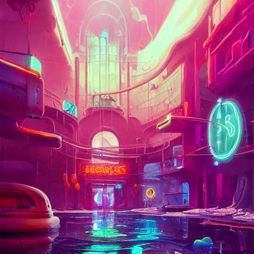 Image similar to water pouring neon signs, trending on artstation a surrealism painting by felix kelly depicting an abandoned city underwater in a nebula by tyler edlin and rhads, trending on deviantart cyberpunk city topography