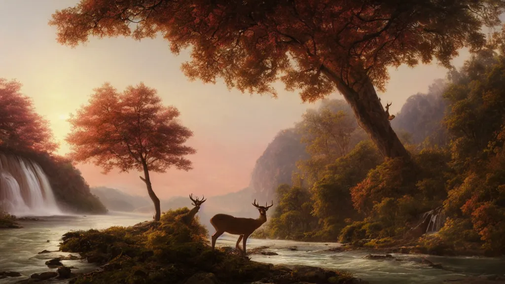 Image similar to the most beautiful panoramic landscape, oil painting, where a giant dreamy waterfall creates a river, the trees around are starting to bloom in pink color, a majestic deer is drinking water from the river and a ray light of the sunset is brightening him, by greg rutkowski