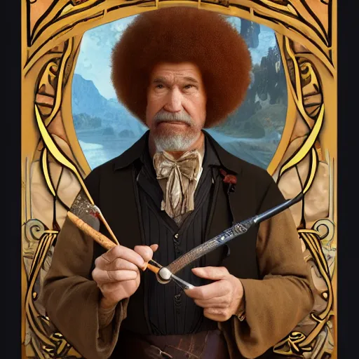 Prompt: an ultra detailed tarot card of bob ross smoking a pipe and dressed as a fantasy bard, d & d, epic fantasy, concept art by alphonse mucha and greg rutkowski, octane render, 8 k, detailed face