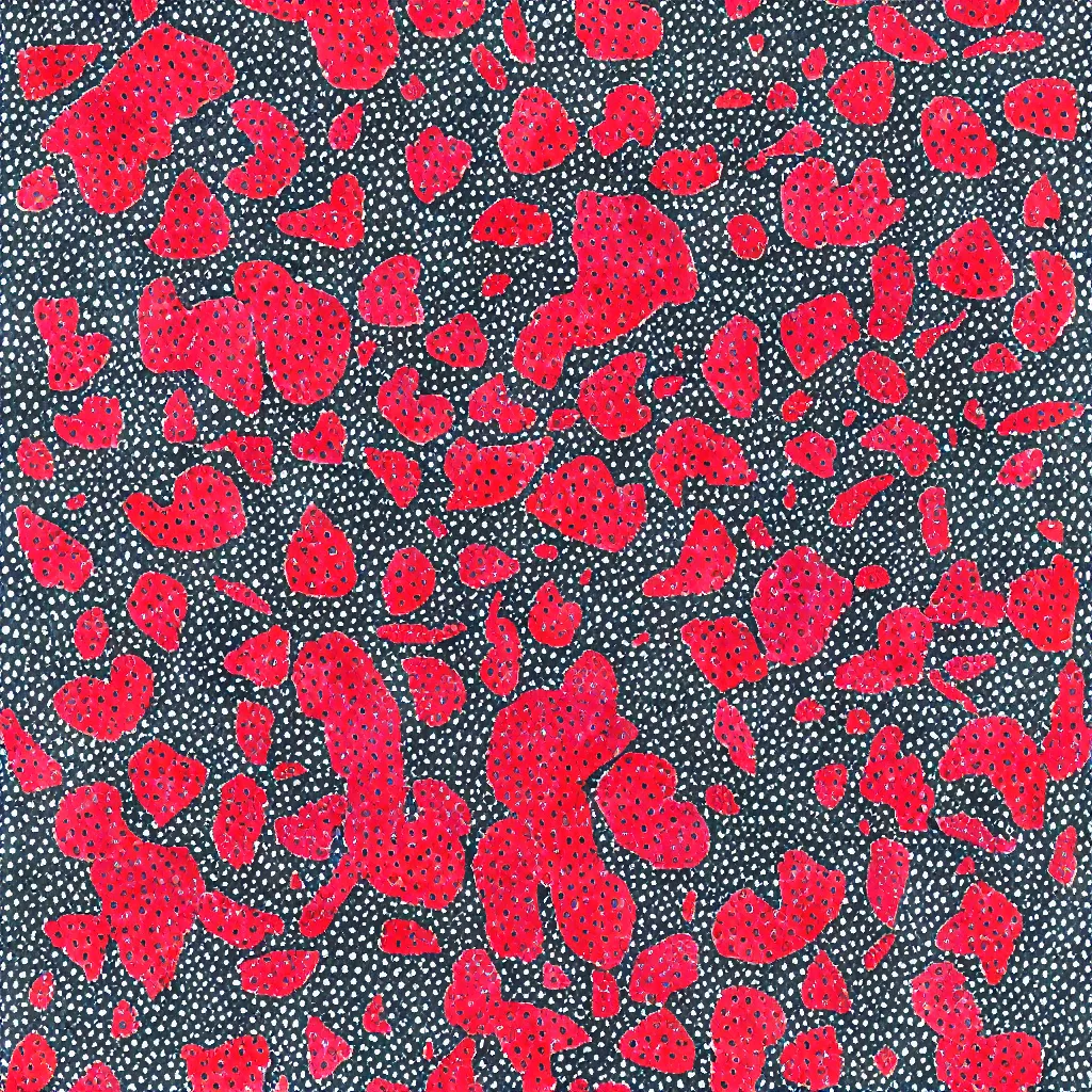 Image similar to camo made of strawberries, smiling, abstract, rei kawakubo artwork, cryptic, dots, stipple, lines, splotch, color tearing, pitch bending, color splotches, hearts, dark, ominous, eerie, minimal, points, technical, old painting