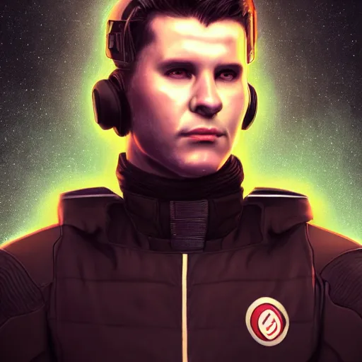 Image similar to Unreal render Bust Portrait of Dustin Bates from Starset in a sci fi uniform with a BMI on his temple; hyper realistic, high detail, artstation, deviantart