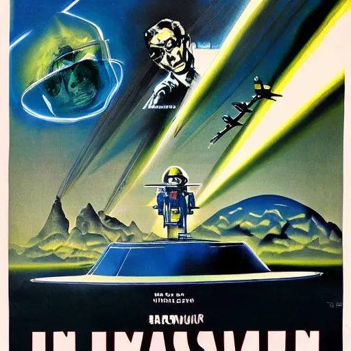 Prompt: a movie poster for the film invasion of the saucer - men, poster art by Ed Emshwiller, cg society, retrofuturism, poster art, movie poster, concert poster