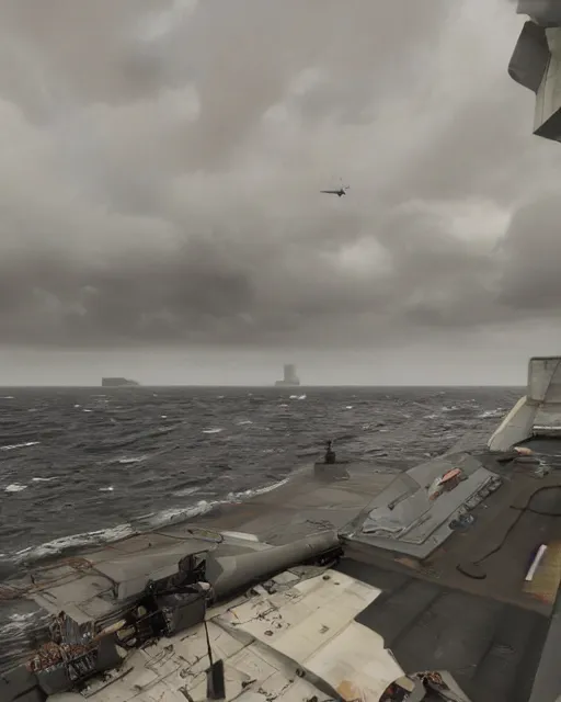 Prompt: view from an aircraft carrier of stormy seas, stormy weather, unreal engine, hyper realism, realistic shading, cinematic composition, realistic render, octane render, detailed textures, photorealistic, ultrawide shot