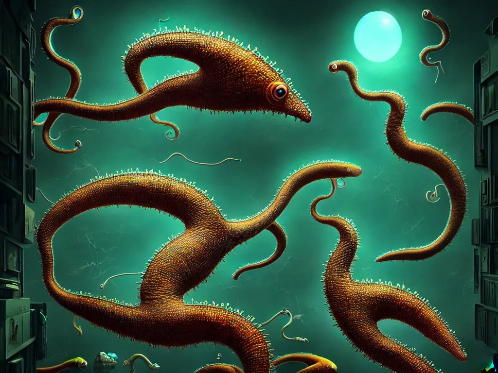 Prompt: highly detailed photo of world of radioactive planarians, trending on deviantart, neo surrealism, sharp focus, a lot of little details, octane, masterpiece, art by max ernst