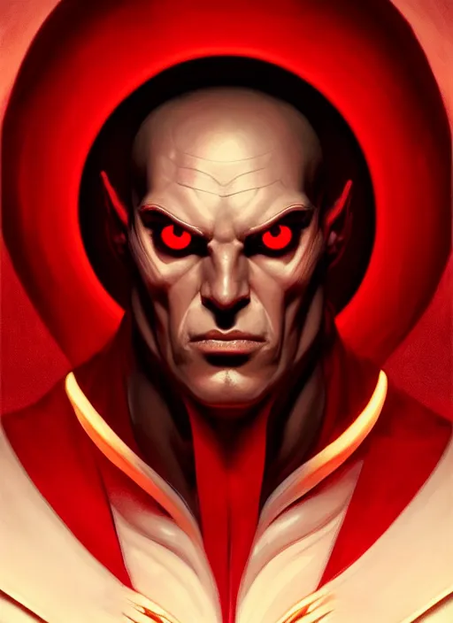 Image similar to symmetry!! portrait of a evil man, glowing red eyes!! muscular, robes! intricate, elegant, highly detailed, digital painting, artstation, concept art, smooth, sharp focus, illustration, art by artgerm and greg rutkowski and alphonse mucha