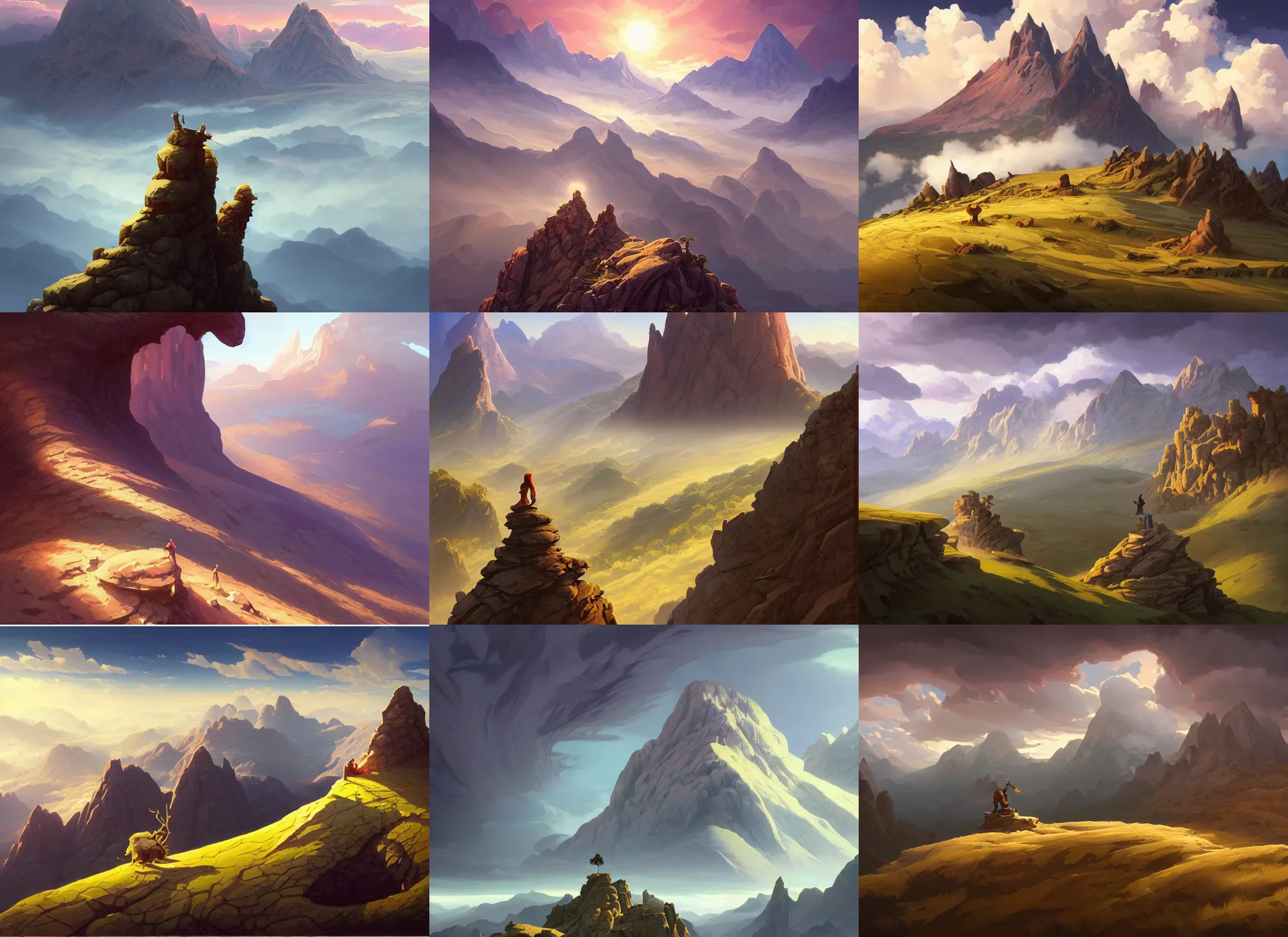 Image similar to mountain landscape without people, extreme view angle, above low layered clouds, deep focus, fantasy, intricate, elegant, highly detailed, digital painting, artstation, concept art, matte, sharp focus, illustration, hearthstone, art by rhads and artgerm and greg rutkowski and alphonse mucha.