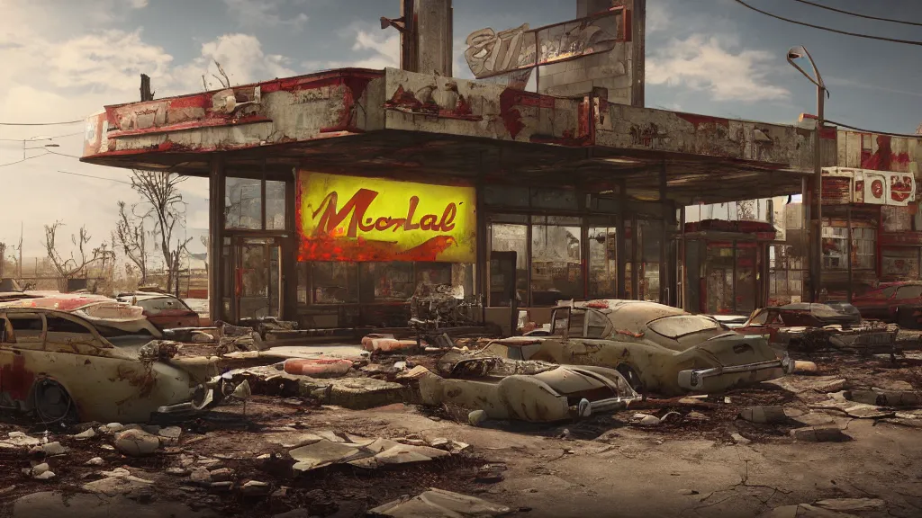 Image similar to post apocalyptic McDonald's, fallout, octane render, 4k