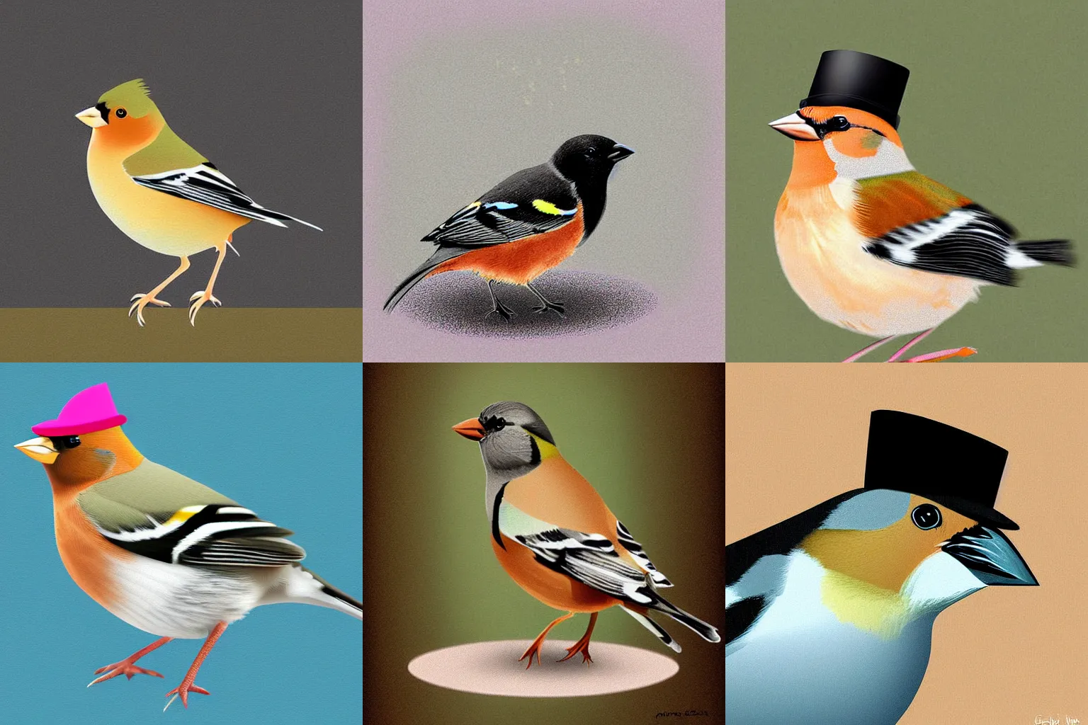 Prompt: A chaffinch wearing a top hat, top hat, digital art