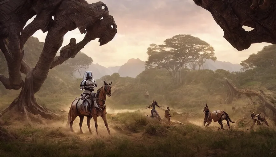 Prompt: mandalorian riding a horse, madagascar with baobabs trees in the background, action scene, an epic fantasy, artgerm and greg rutkowski and alphonse mucha, an epic fantasy, volumetric light, detailed, establishing shot, an epic fantasy, cinematic, photorealistic, ultrarealistic, trending on art station, octane render, midsommar