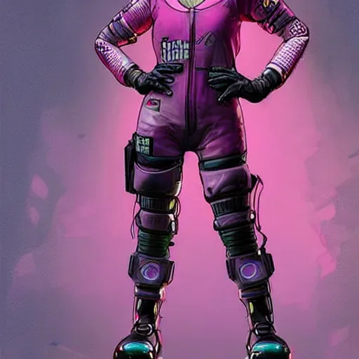 Image similar to cyberpunk mechanic lady in a jumpsuit with robotic feet. pink and black color scheme. concept art by james gurney and mœbius. apex legends character art. gorgeous face.