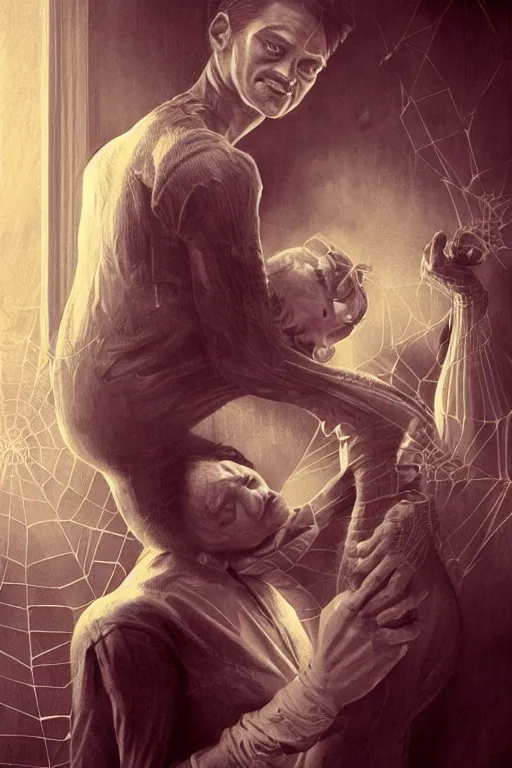 Prompt: a beautiful ultradetailed vintage photo of a toby maguire crying while playing spider man, by tom bagshaw and anna dittman, portrait, 2 4 mm lens, golden ratio composition, detailed face, studio photography, very detailed, humanoids, industrial robots, artstation, 8 k, highly coherent