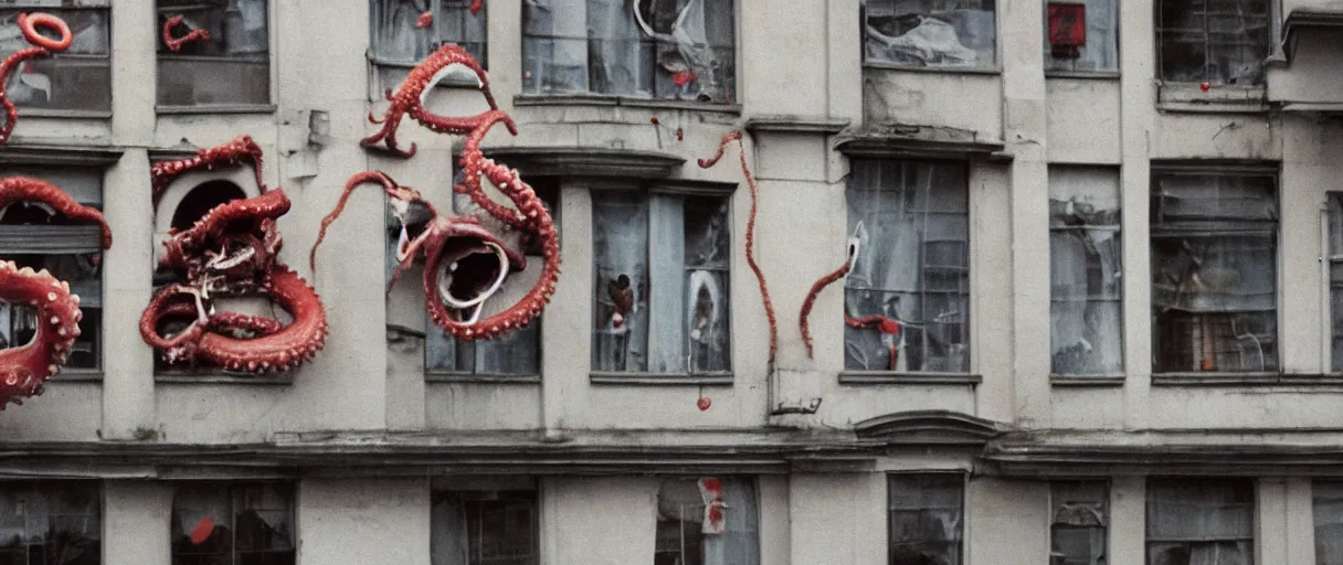 Prompt: filmic extreme close up shot 3 5 mm film color photograph of a family jumping bloody pants off a building laughing with tentacle arms happy, only color results