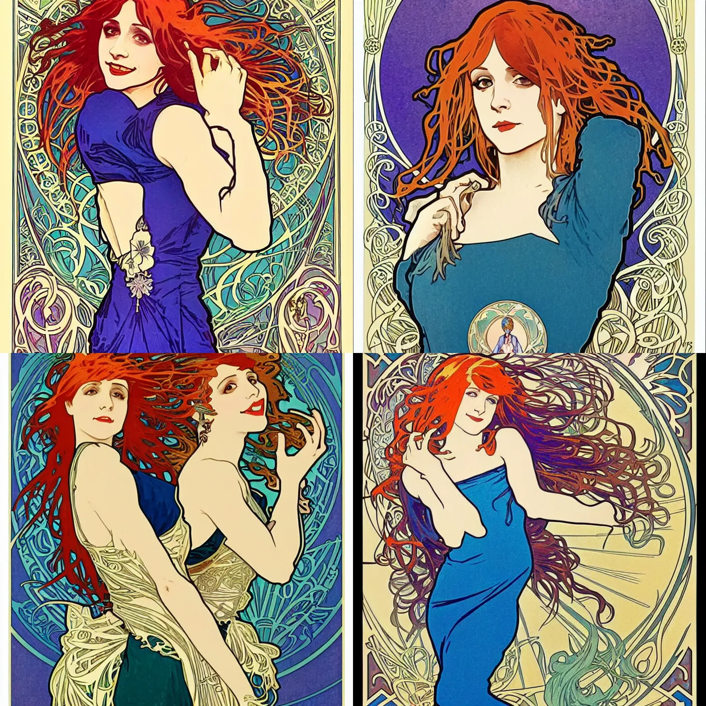Prompt: Alphonse Mucha, art nouveau, cardstock, pretty female Hayley Williams Paramore, smile, symmetrical, victorian blue dress, long red hair, full body action pose, gold green blue purple