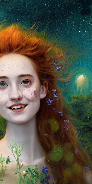 Prompt: infp young woman, smiling amazed, golden fireflies lights, full covering intricate detailed dress, amidst nature, long red hair, precise linework, accurate green eyes, small nose with freckles, beautiful oval shape face, realistic, expressive emotions, dramatic lights, hyper realistic ultrafine art by artemisia gentileschi, jessica rossier, boris vallejo