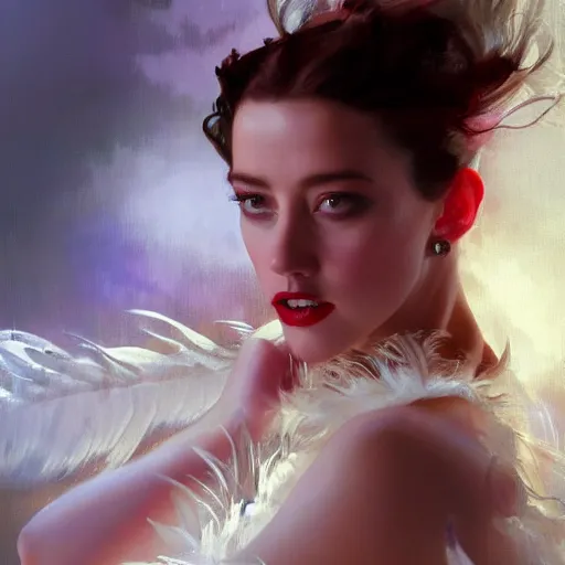 Prompt: hyperrealistic portrait of a woman as amber heard performing noir singing dance in a white swan dress wearing sapphire jewellery feather collar by jeremy mann and alphonse mucha, fantasy art, photo realistic, dynamic lighting, artstation, poster, volumetric lighting, very detailed faces, 4 k, award winning