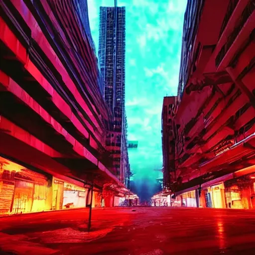 Image similar to sanatic cyberpunk world neon lighting high buildings cloudy sky cinematic lighting