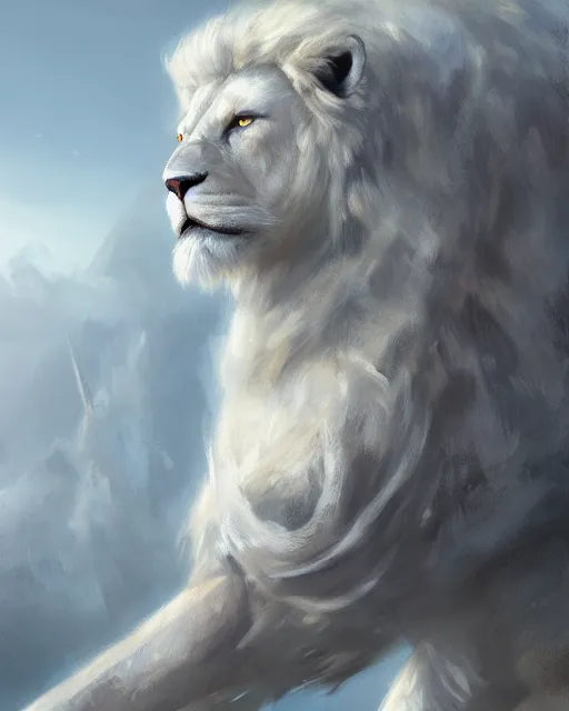 Image similar to oil painting of Anthropomorphized White Lion General in Battle, wearing fur armor and cloak, sharp focus, holding Sabre, heroic pose, fantasy style, octane render, volumetric lighting, 8k high definition, by greg rutkowski, highly detailed, trending on art Station, magic the gathering artwork, Battlefield backround, centered