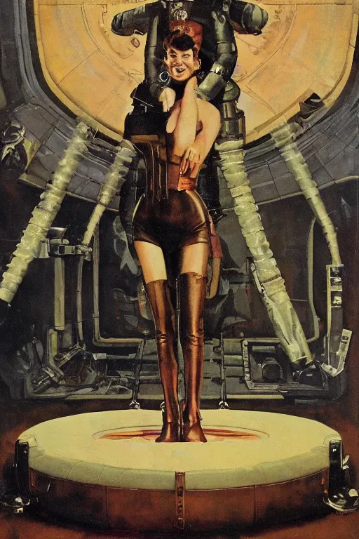 Image similar to 5 0 s pulp scifi fantasy illustration full body portrait slim mature woman in leather spacesuit in palace throne room, by norman rockwell, roberto ferri, daniel gerhartz, edd cartier, jack kirby, howard v brown, ruan jia, tom lovell, frank r paul, jacob collins, dean cornwell, astounding stories, amazing, fantasy, other worlds