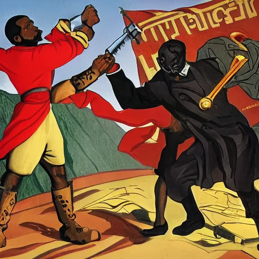 Image similar to black person with golden mace in hands fighting lenin in mountains, photorealistic