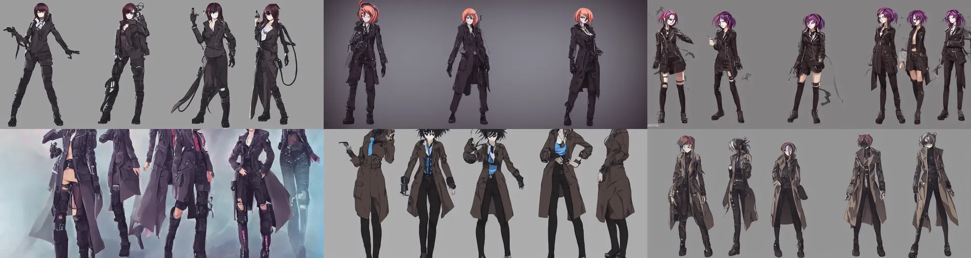 Prompt: an anime female cyberpunk detective character wearing a trenchcoat, character concept exploration, outfit designs, trending on artstation