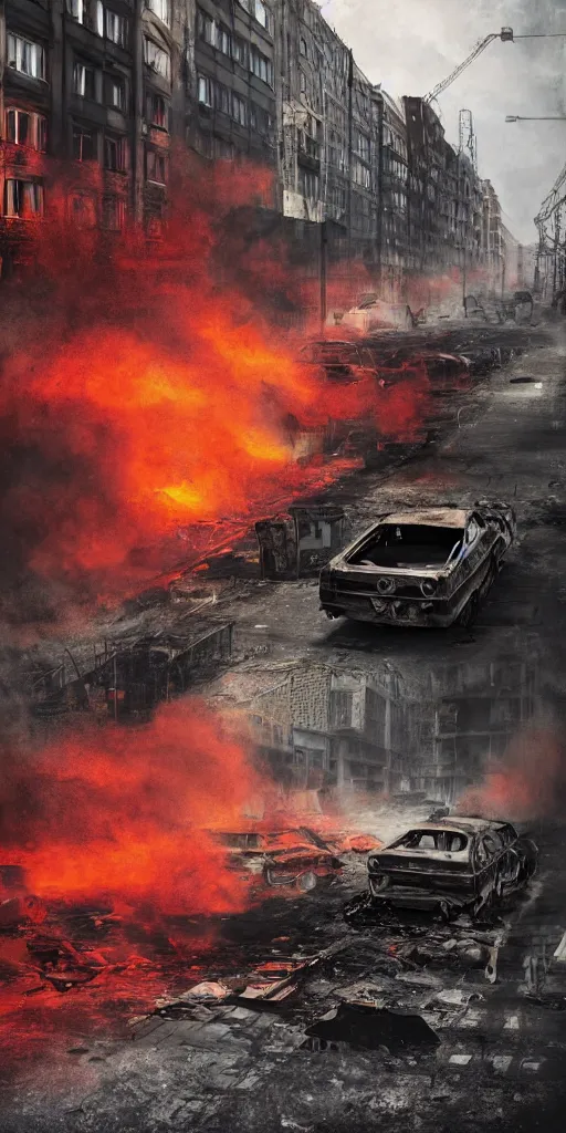 Image similar to post - apocalyptic kreuzberg streets, burned cars, explosions, colorful smoke, hyperrealistic, gritty, damaged, dark, urban photography, photorealistic, high details