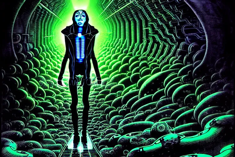 Prompt: a true hero on the run from a drainer sentinel, sinking into madness, wrapped in black, clutching a hopespark-dagger in the drifting void hallways. Fantasy Tron sci-fi illustration, vibrant neon digital painting, by Edvard Junjiito Picasso and Gustave Dore and Carl Critchlow