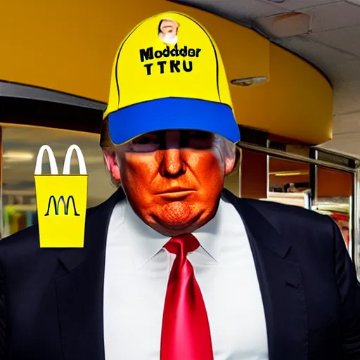 Prompt: photo of donald trump working at mcdonalds with mcdonalds hat