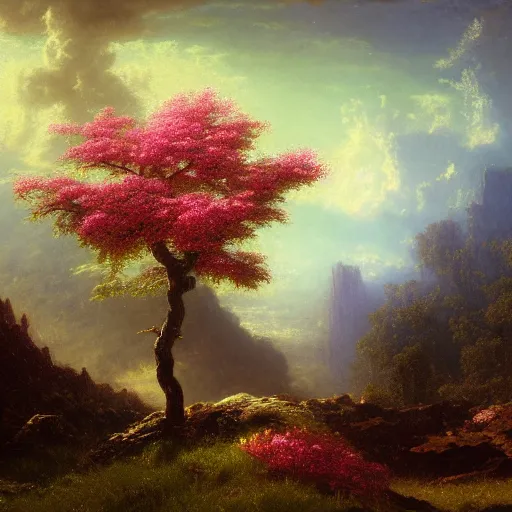Image similar to a flowering tree, digital art, fantasy art, matte painting, by albert bierstadt, trending on artstation, hdr