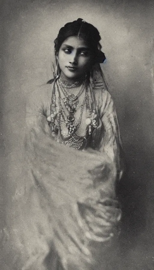 Prompt: vintage portrait photo of a beautiful beautifully lit nepalese Victorian woman by alphonse mucha