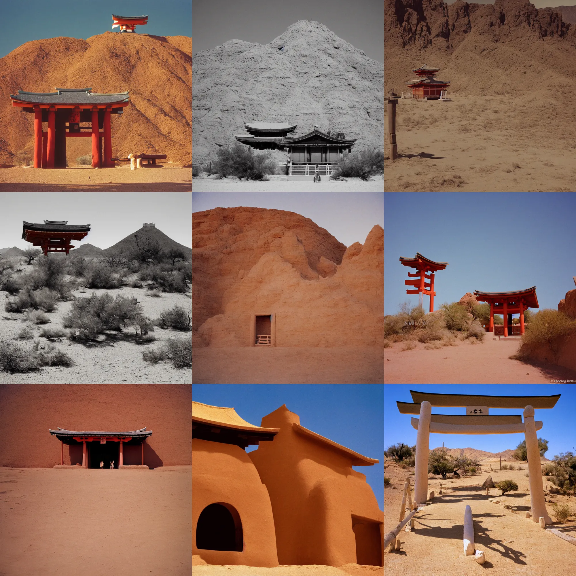 Prompt: a very large shinto shrine made of adobe clay stucco in the desert southwest, late morning, kodak gold 200, 200mm lens, film grain, perspective correction, color bleed, dramatic heat wave distortion atmospheric scattering