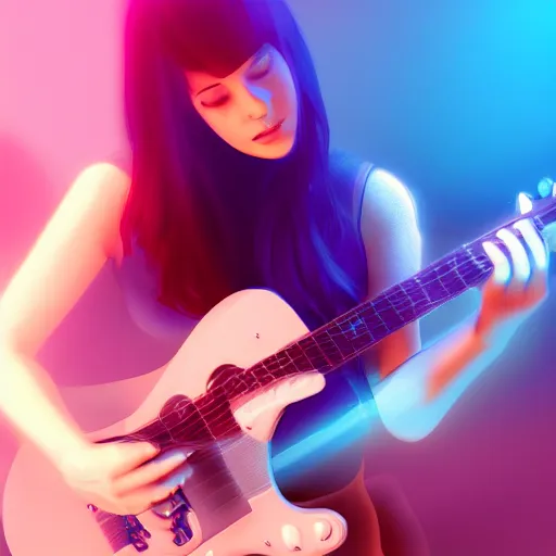 Image similar to women playing guitar, televisions, artstation, details, volumetric light, futuristic, pastel