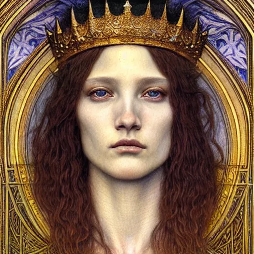 Image similar to detailed realistic beautiful young medieval queen face portrait by jean delville and marco mazzoni, art nouveau, symbolist, visionary, gothic, pre - raphaelite