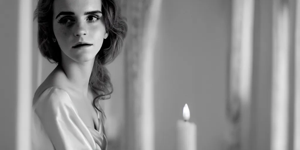 Image similar to portrait closeup portrait closeup portrait closeup portrait closeup Emma Watson long hair flowing silk robes baroque room candles mirrors cinematic lighting cinematic lighting cinematic lighting stanley kubrick barry lyndon 4k canon 5d mk4 colour